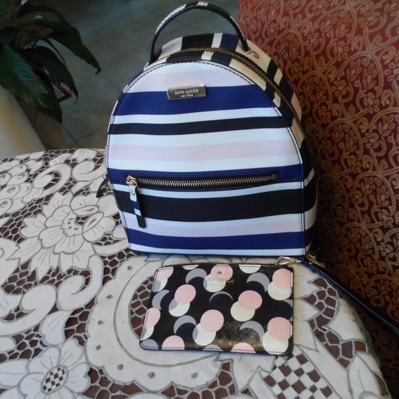New Kate Spade Multi Color Striped Saffiano Leather Backpack & Money Pouch Set